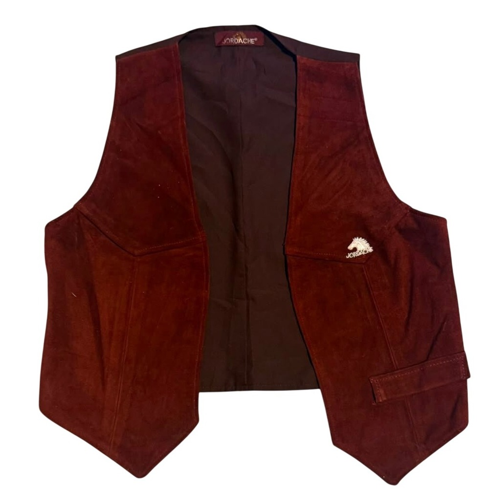 Vintage Jordache Mens Suede Western Vest Burgundy Horse Logo Cowboy Retro
